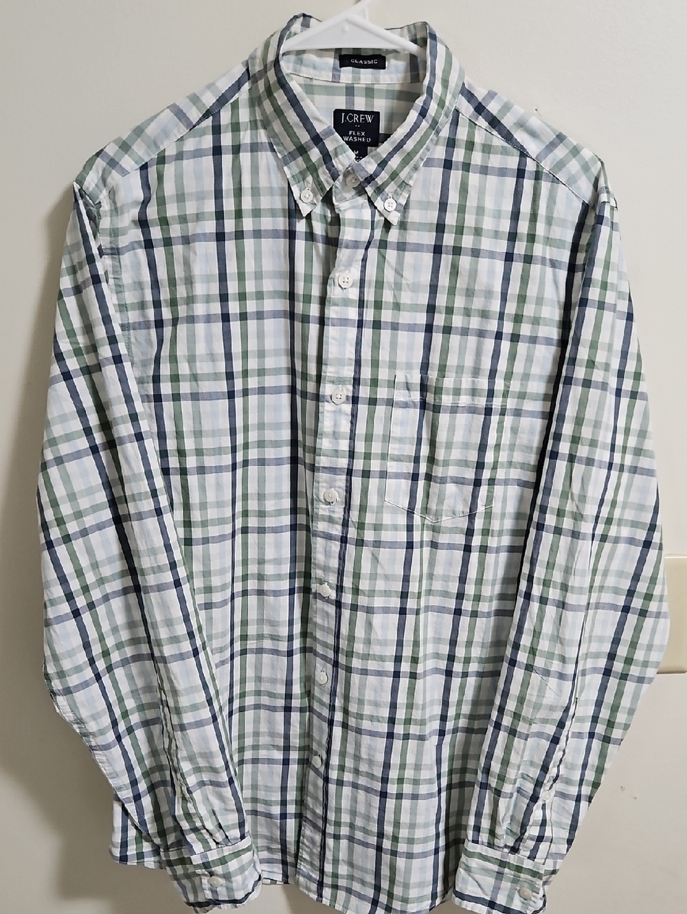 J. Crew Men's White Button-Down Plaid Shirt with Navy & Green